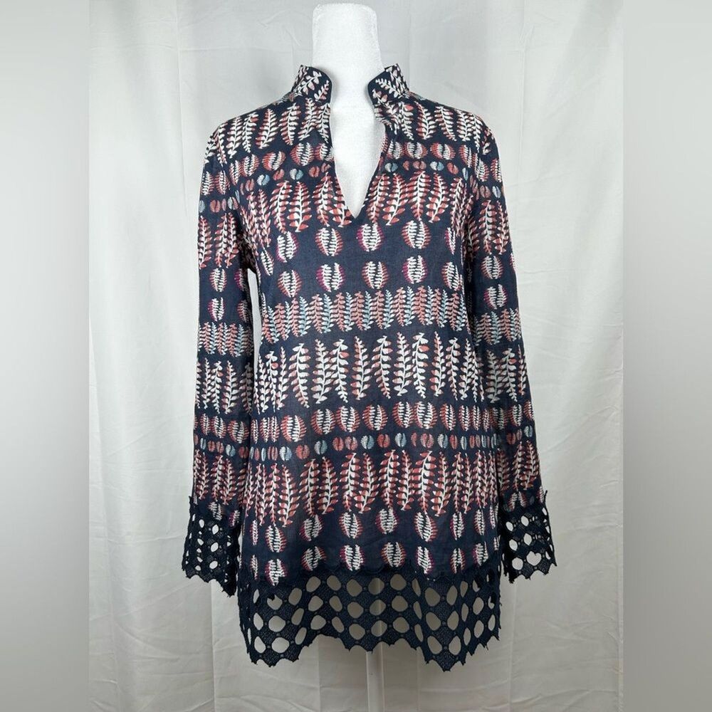 Tory Burch Fern Tunic Top Size 4 Navy Blue Crochet Cotton Boho Resort Vacation